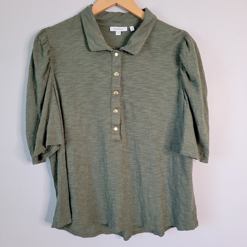 Chicos Olive Green Short Puff Sleeve Top Sz XL Business Casual Preppy Feminine